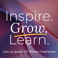 The words Inspire. Learn. Grow. Join us as an ICF Brand Champion on geometric background
