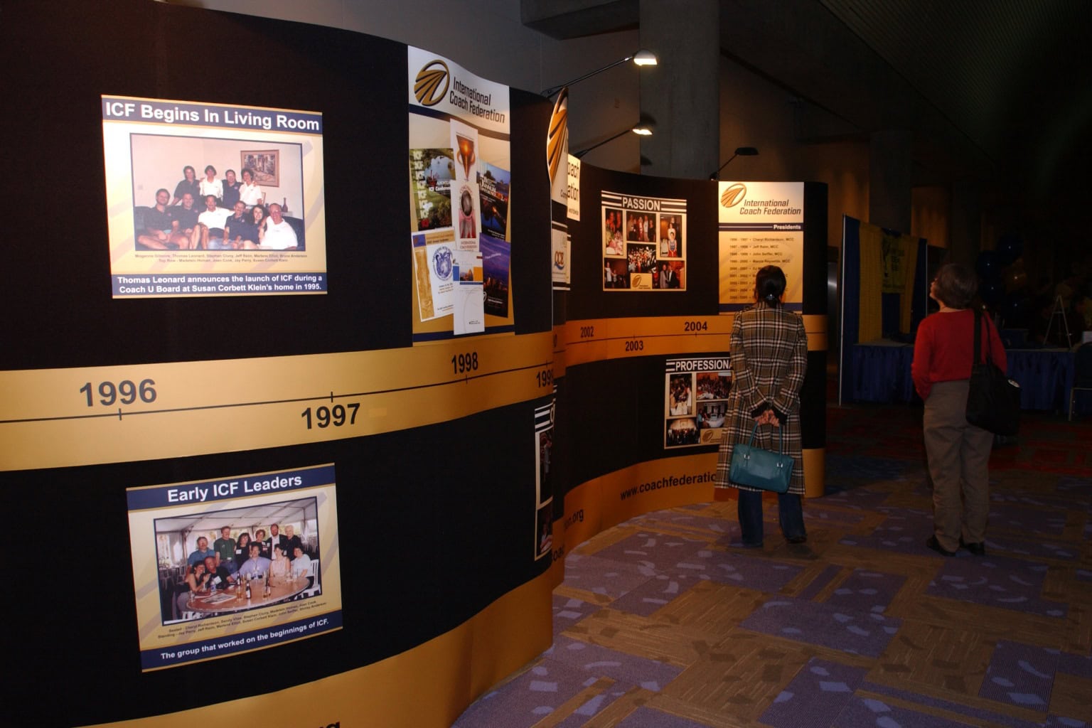 A timeline displayed on a wall, illustrating the early history and key milestones of the International Coaching Federation (ICF).