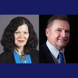 Elizabeth Anne Stweart PCC and Peter Metzner PCC side by side headshot photos with blue background, dark-haired smiling woman on the left and dark-haired smiling man on the right with dark blue bars on the top and bottom