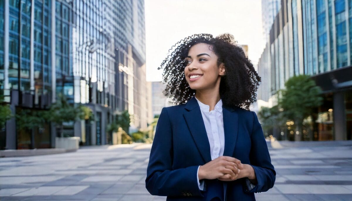 A woman walking through a city landscape, smiling as she walks through the sunny streets.