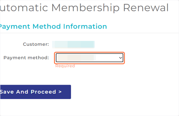 Screenshot of payment option within the automatic membership renewal form.