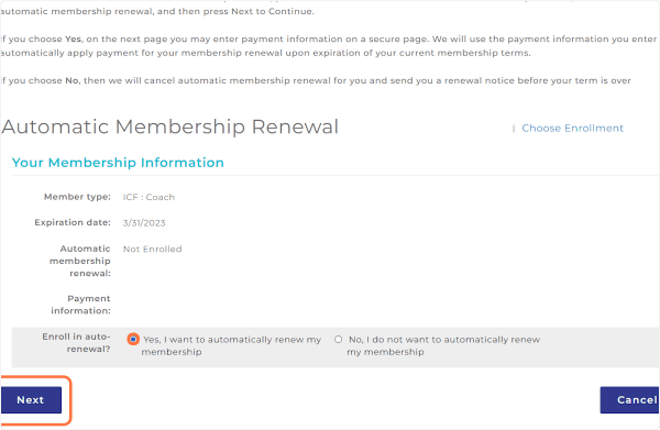 Screenshot of enrollment options within automatic membership renewal form.