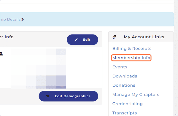 Screenshot of member profile to note where "Membership Info" link is.