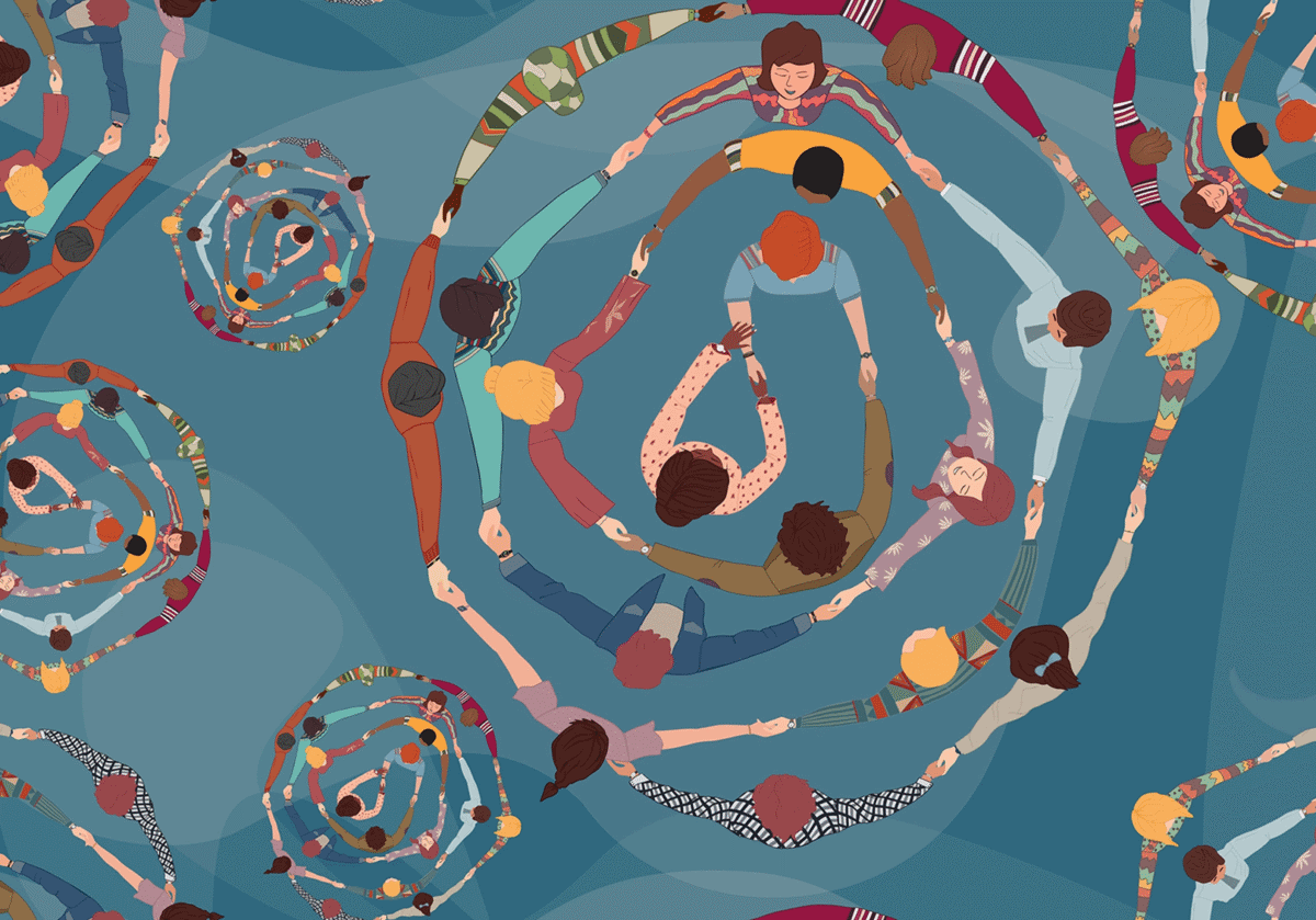 Illustration of diverse groups of people holding hands in overlapping circles, symbolizing belonging, inclusion, and community within the global coaching profession.