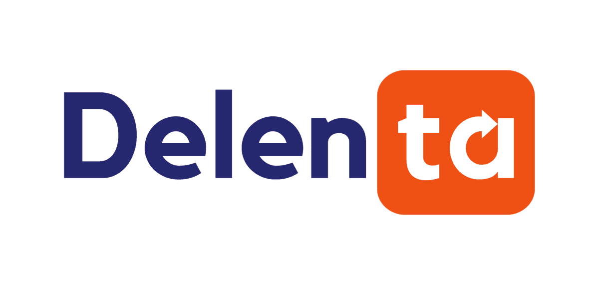 Delenta logo, featuring the text "Delenta" with the letters "ta" inside an orange box.