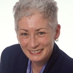 Sue Dwan MCA CUCG PCC headshot photo, smiling woman with short gray hair in dark suit